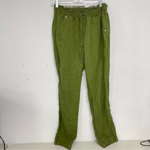 Guess Green Linen Drawstring Casual Pants Womens S Straight Leg Pull On Stretch - Picture 1 of 12